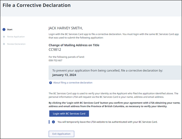 Login page to file a corrective declaration