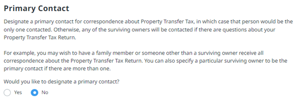 Name a primary contact for property transfer tax questions