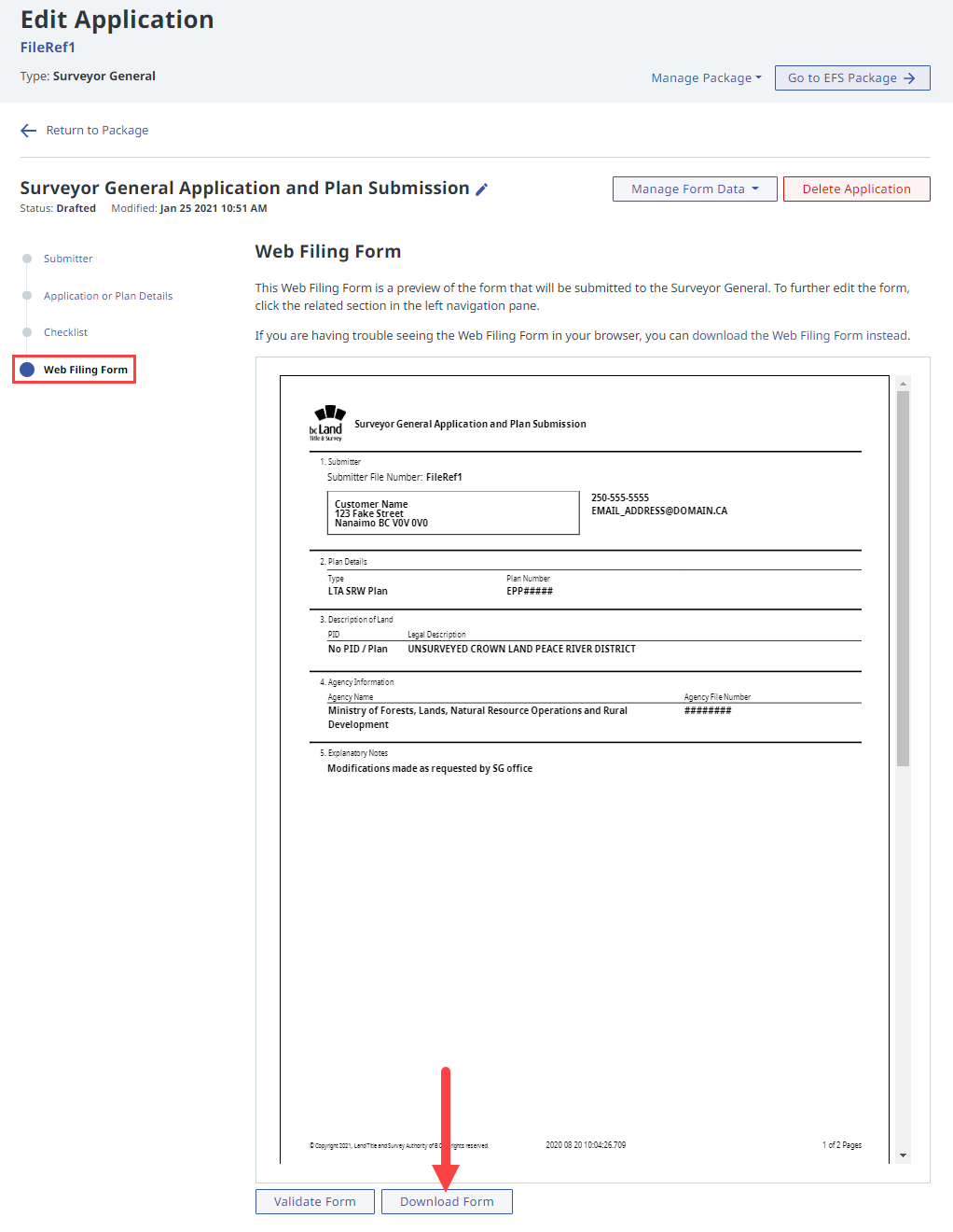Web Filing Form Section
