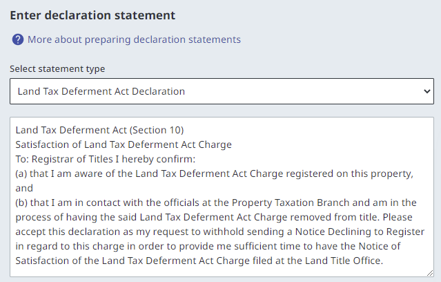 Description of Land Tax Deferment Act Declaration