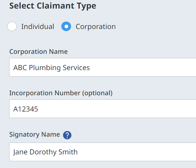 Signatory name for corporate claimant