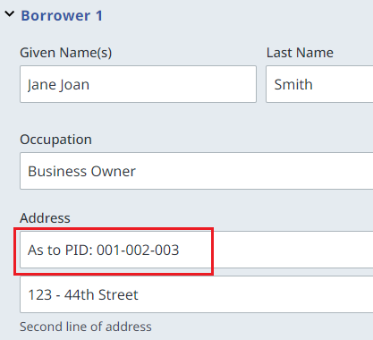 Data entry section with PID in first line of address
