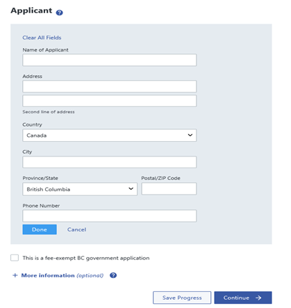 Applicant data entry section