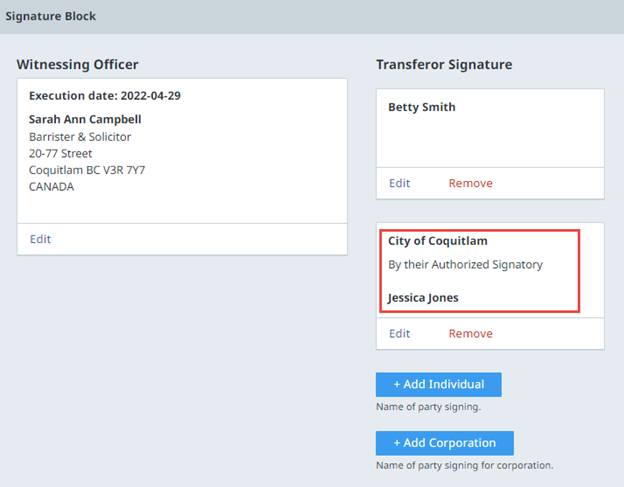 Transferee / Party Signature in Transferor or Corporate Signatory Name Fields