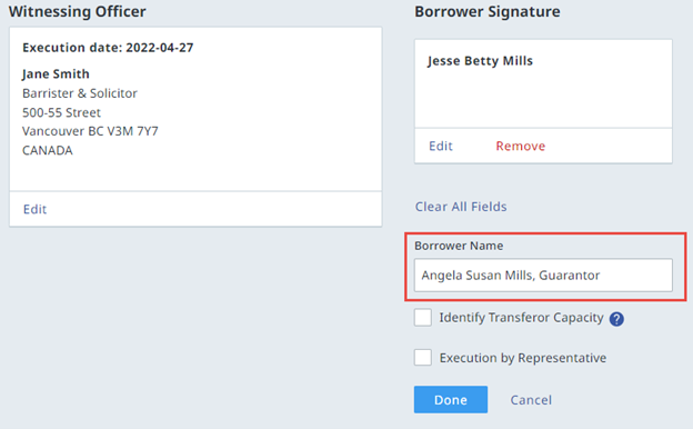 Party Signature in Borrower Name or Corporate Signatory Name Fields
