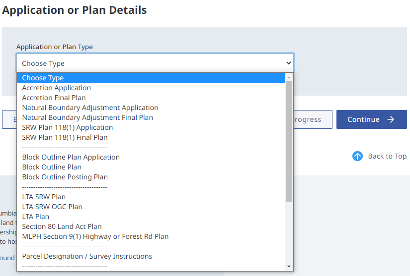 Application or Plan Type data entry section