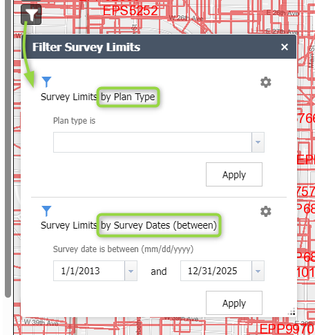 Two filter options for survey limits
