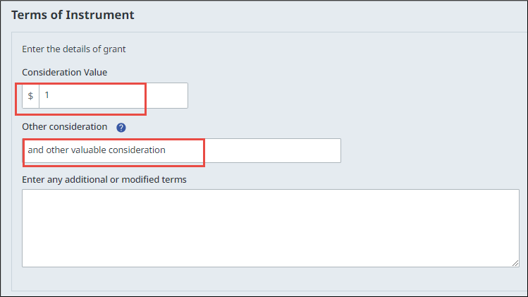 Terms of Instrument default values for consideration fields