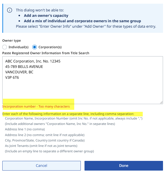 Format Restrictions in Paste from Title dialog