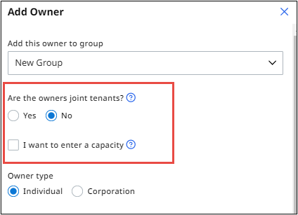 Owner details on tenancy and capacity