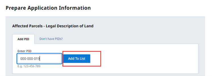 Add PID to list to generate the legal description