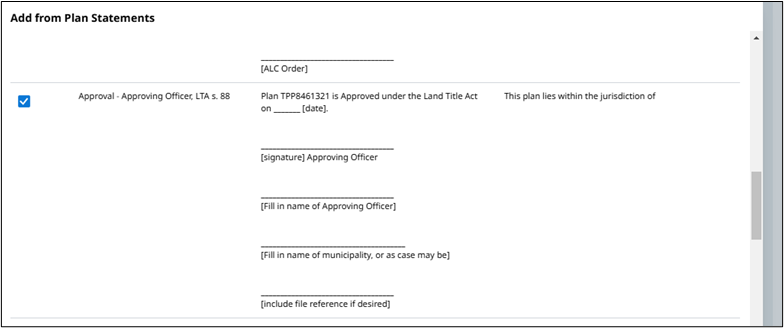 System generates a list of signature blocks from statements entered on the plan