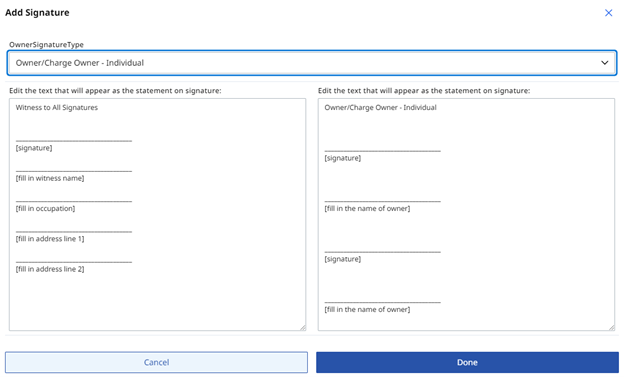 Owner and Witnesses fillable signature fields