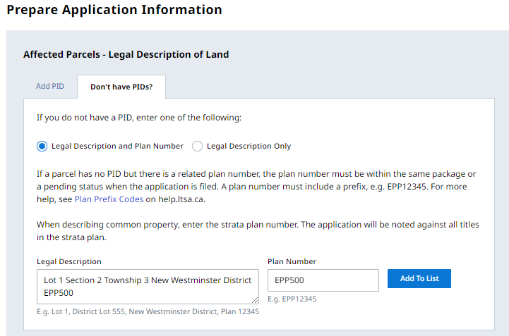 Enter related plan number and legal description if there is no PID for the parcel