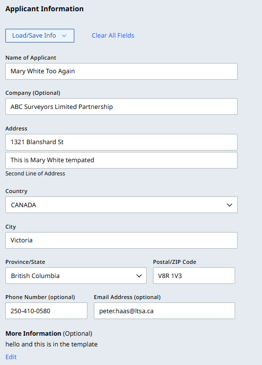 Applicant section of the DSPL