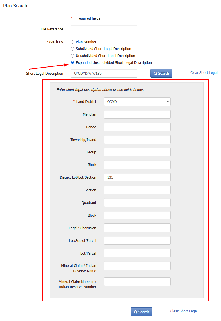 Expanded Unsubdivided Short Legal Description Search Criteria