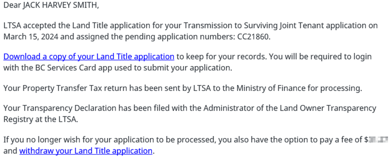 Accepted email with links to document and withdrawal