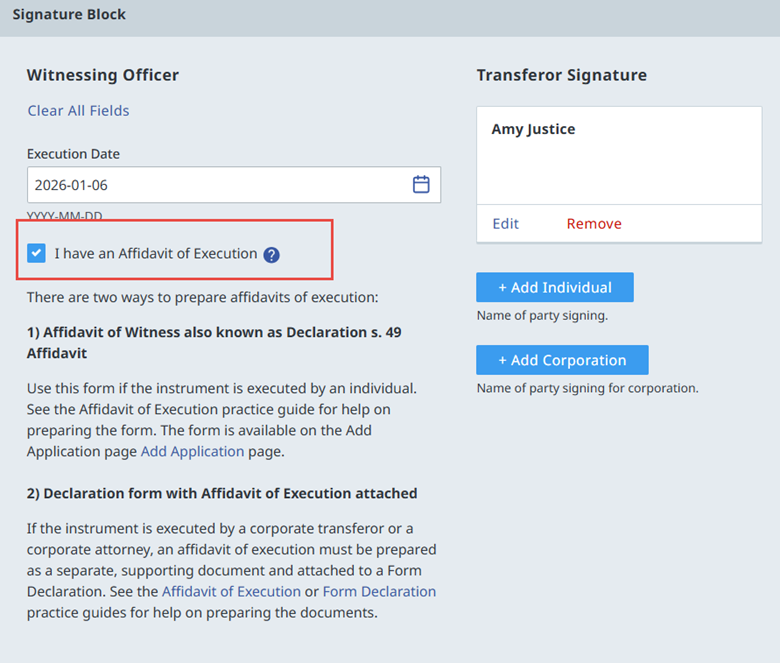 Web Filing Form C Release affidavit of execution data entry section