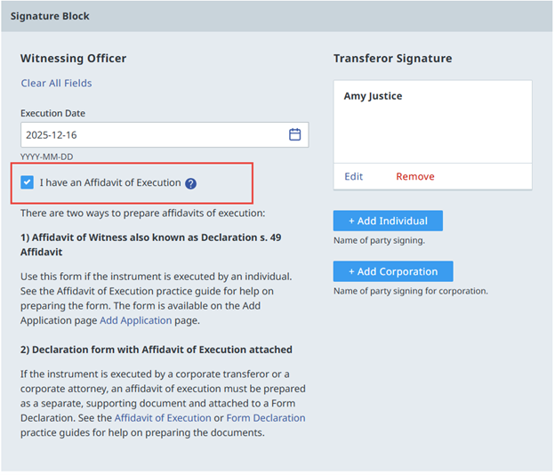 Web Filing Form B affidavit of execution data entry section