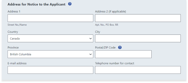 Address for Notice to the Applicant Section
