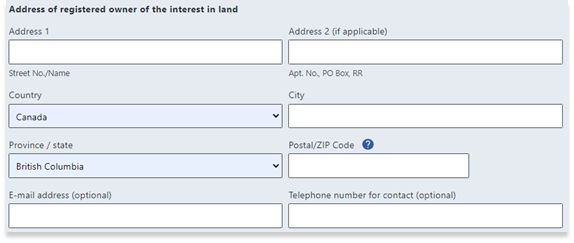 Address of registered owner of the interest in land