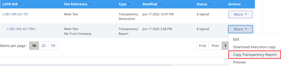Copy Transparency Report menu