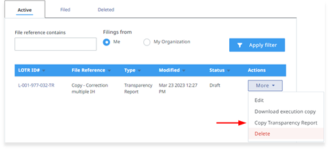 Copy Transparency Report menu
