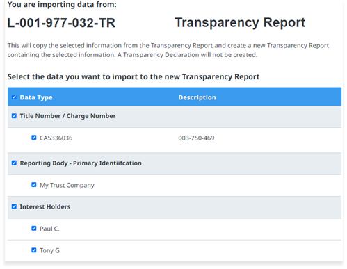 Select data to import to Transparency Report