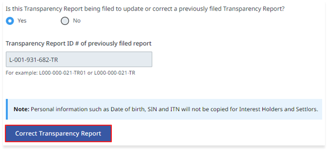 Correct Transparency Report button