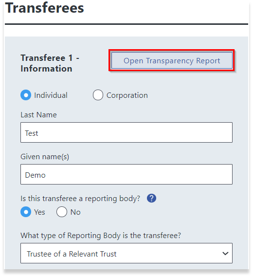 Open Transparency Report link from Transparency Declaration form