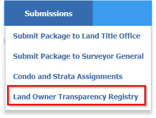 Submissions >  Land Owner Transparency Registry menu