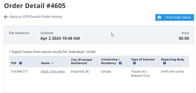 Sample LOTR Search Order Detail