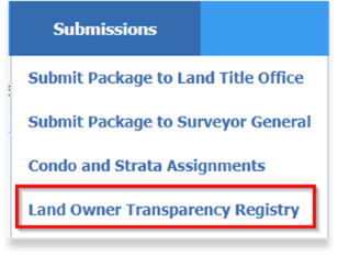 Land Owner Transparency Registry menu