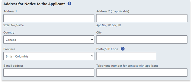 Address for Notice to the Applicant Section