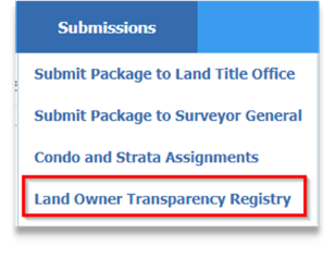 Land Owner Transparency Registry menu