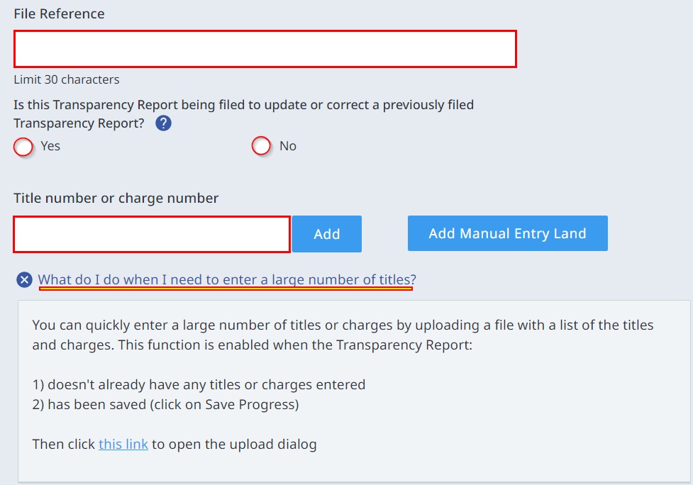 Upload list of titles or charge numbers