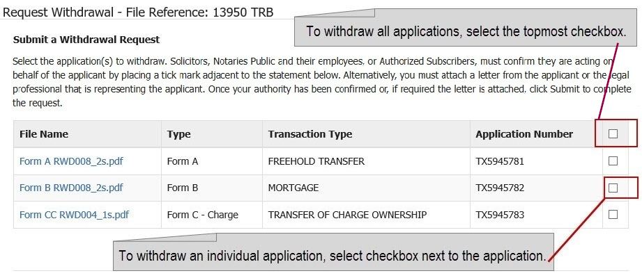 Select application(s) to withdraw.