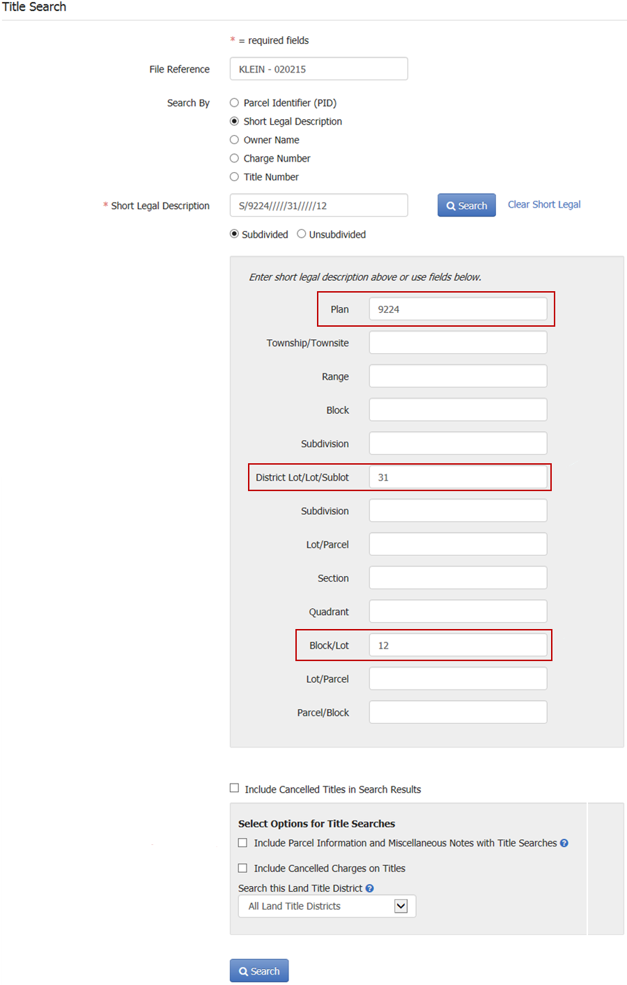 Search by Short Legal Description