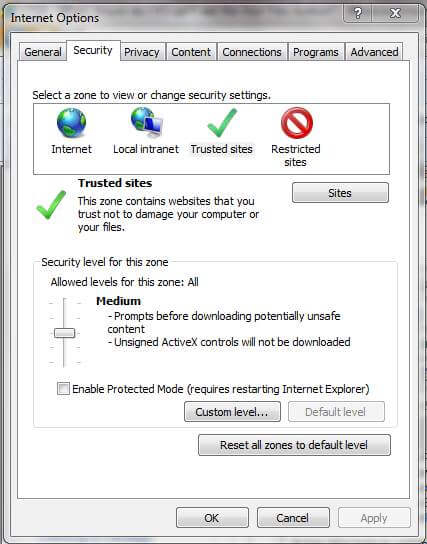 Internet Options - Security Tab