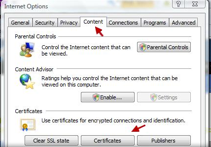 Internet Options - Content Tab