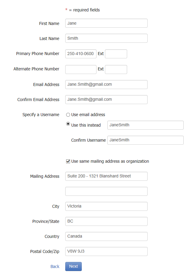 Account Initiator Information page