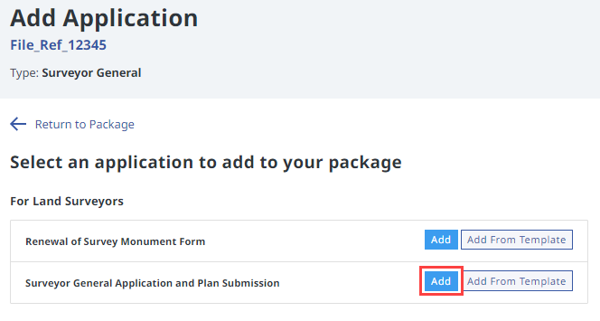 Add Application selection page