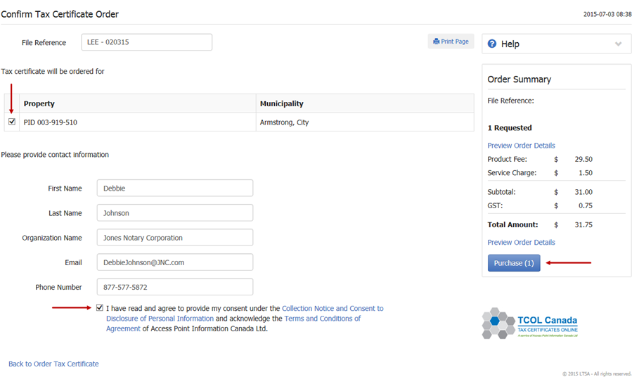 Confirm Tax Certificate Order Page