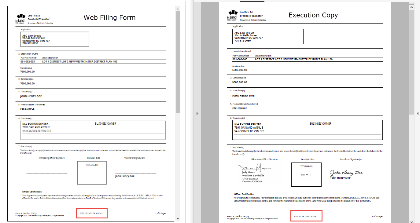 Timestamp on Web Filing Form and Execution Copy
