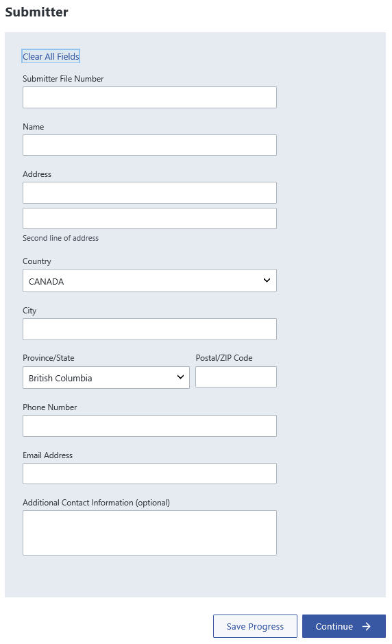 Submitter data entry section