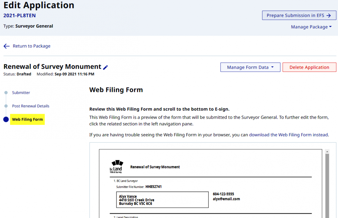 E-signing Web Filing Forms For Surveyors | LTSA Help